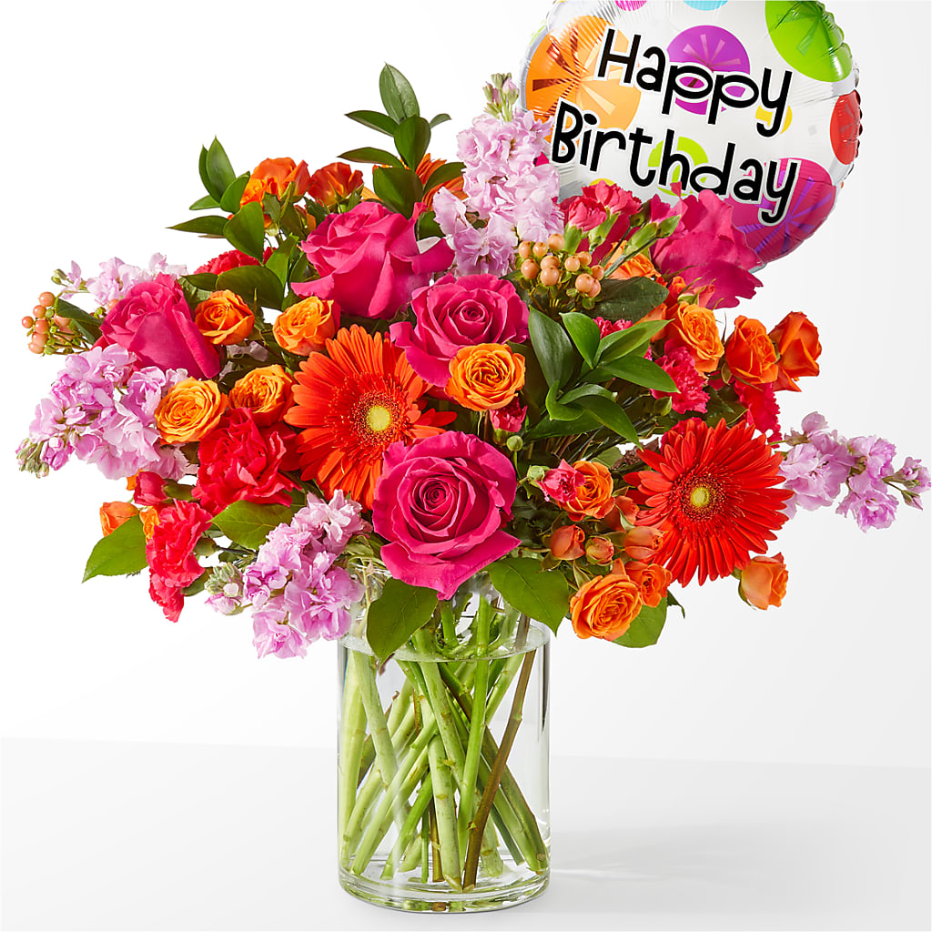 Fiesta Bouquet with Birthday Balloon – SHASTA DAISY'S FLORIST & BOUTIQUE, Mobile AL