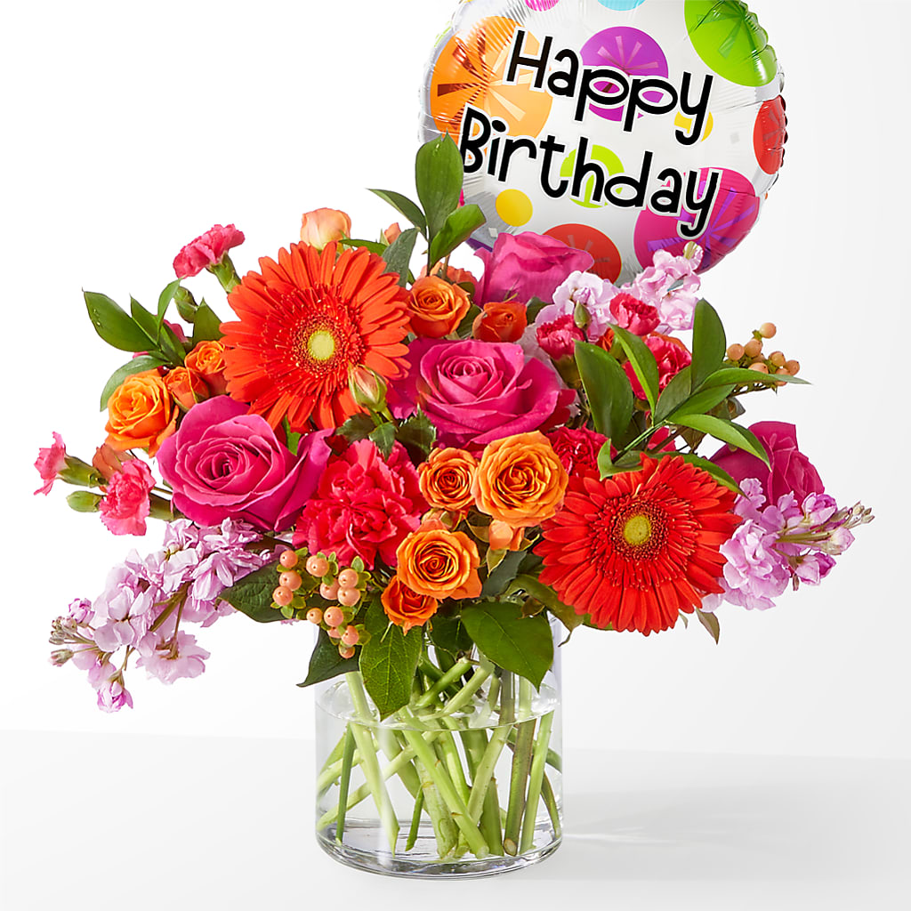Fiesta Bouquet with Birthday Balloon – SHASTA DAISY'S FLORIST & BOUTIQUE, Mobile AL