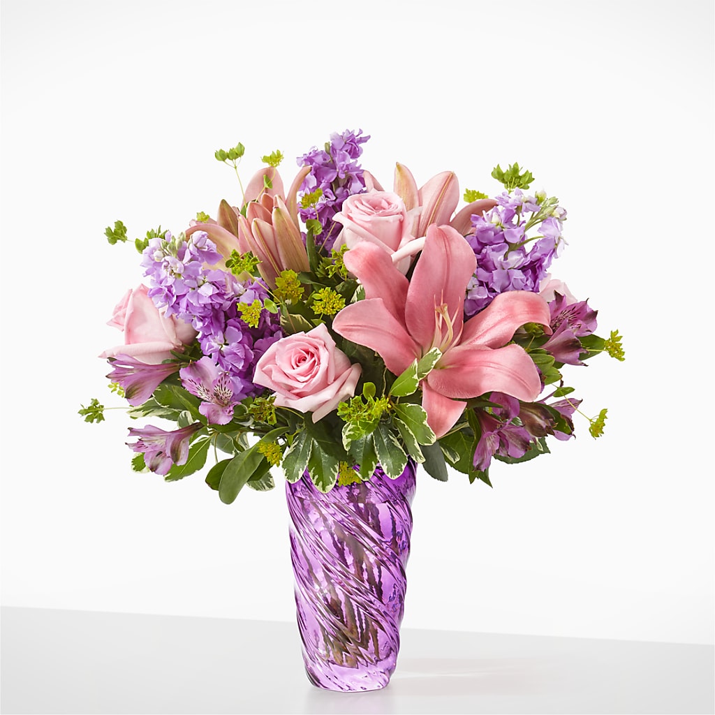 Precious Petals Bouquet with Luxe Swirl Vase – SHASTA DAISY'S FLORIST & BOUTIQUE, Mobile AL