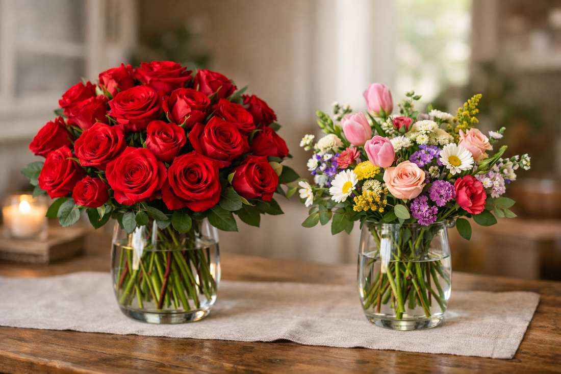 Comparison of two florist-crafted Valentine’s Day arrangements, showing a dense red rose bouquet beside a lighter mixed floral arrangement in clear glass vases on a wooden table.